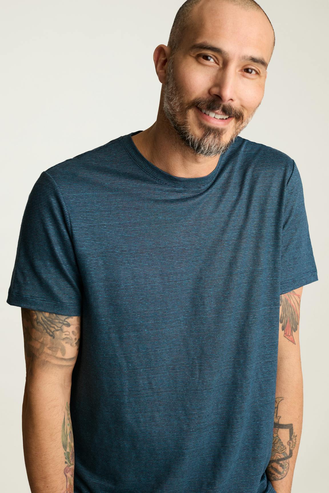 Linen Crew Neck Tee / Bonobos - dark sea blue stripe