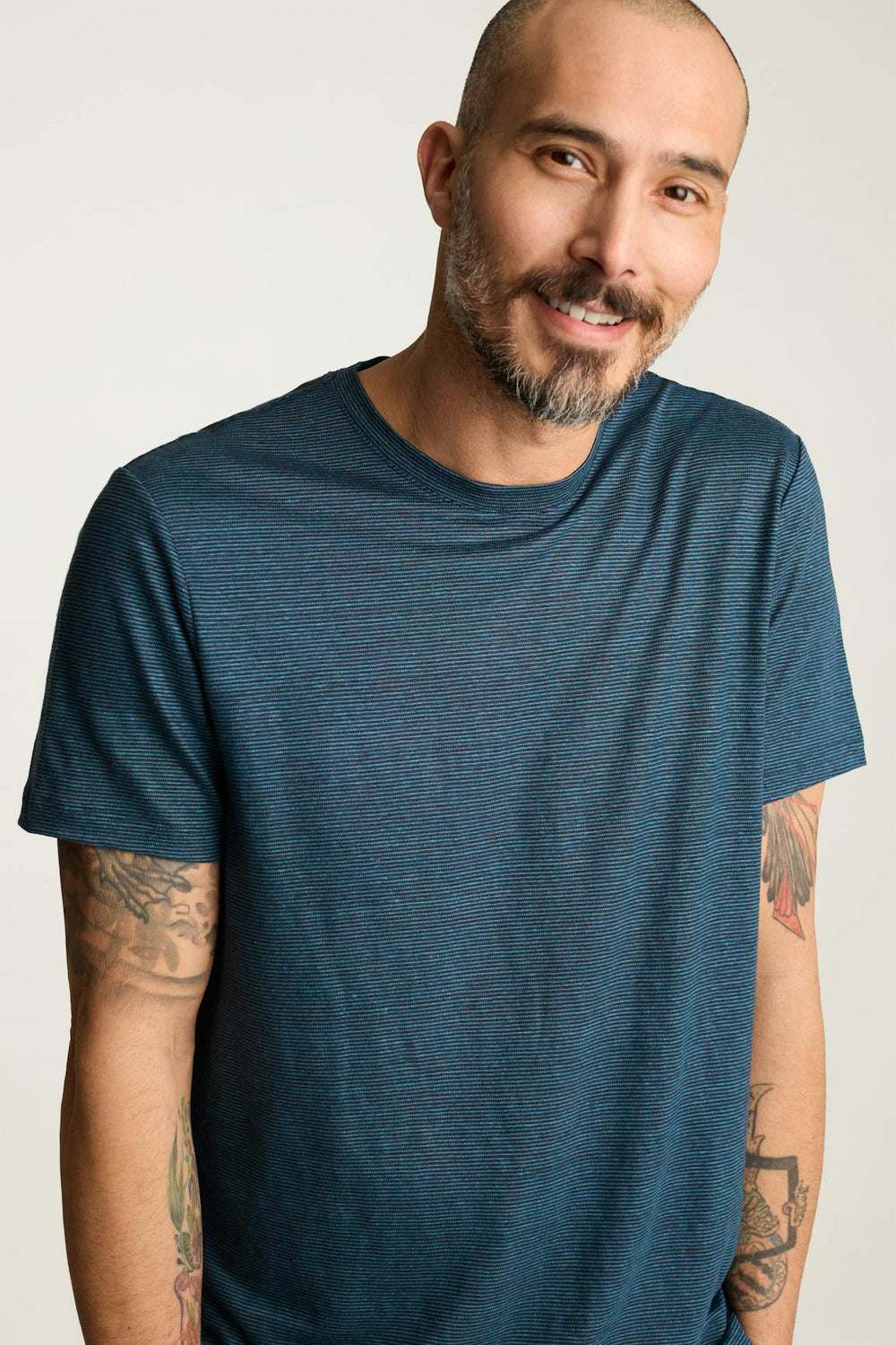 Linen Crew Neck Tee / Bonobos - dark sea blue stripe